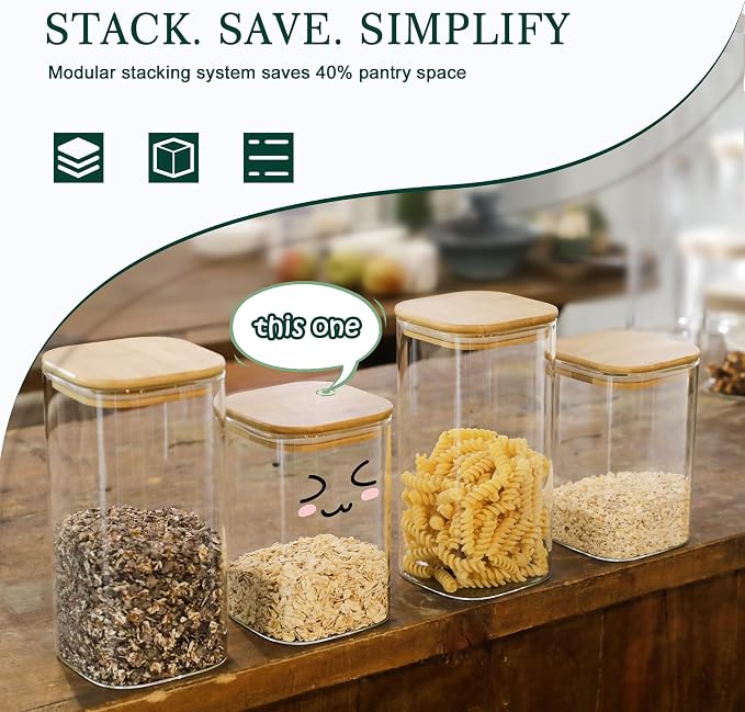 LIBWYS Kitchen Glass Jars Set with Bamboo Lids for Storage (1pcs - 1.22Qt) | Stackable Square Food Jars for Pantry Organization, Coffee, Flour, Snacks, Tea , Sugar | Kitchen Canisters Set