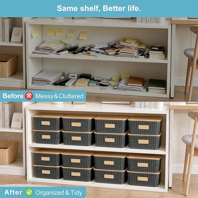 4 Pack Plastic Storage Bins with Bamboo Lids, 6.2qt Stackable Storage Organizer Box with Lable for Pantry Shelves Drawers Desktop Office, 12"L x 8.3"W x 3.5"H, Gray