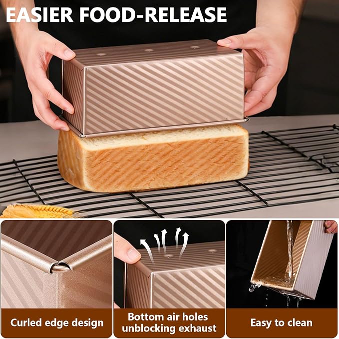 Pullman Loaf Pan with Lid 13x4, Large Bread Pan for Homemade Sandwich with Cover, 2.2lb Long Bread Loaf Tin for Sourdough, Nonstick & Easy Clean (Gold)