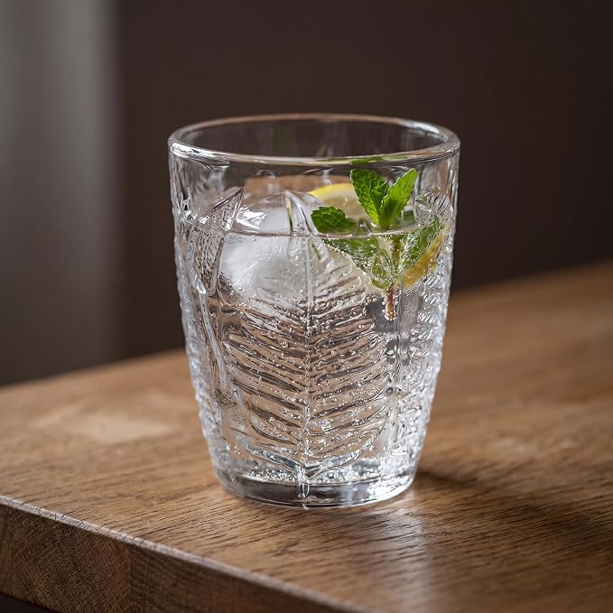 Clear Drinking Glasses Set of 4, 10 oz Glass Cups, Vintage Fern Glassware | Hand-Pressed, Dishwasher Safe, Boho Leaf-Textured Drinkware, Decorative Embossed Lowball Tumblers for Water, Retro Kitchen
