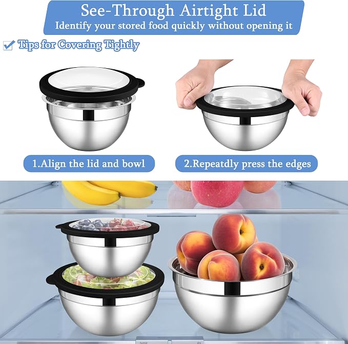 LIANYU Mixing Bowls Sets of 3, Stainless Steel Metal Bowl for Kitchen | Large and Small Size 4.6 & 3 & 1.5QT, Nesting and Stackable, Include Airtight Lids, Dishwasher & Freezer Safe, Black
