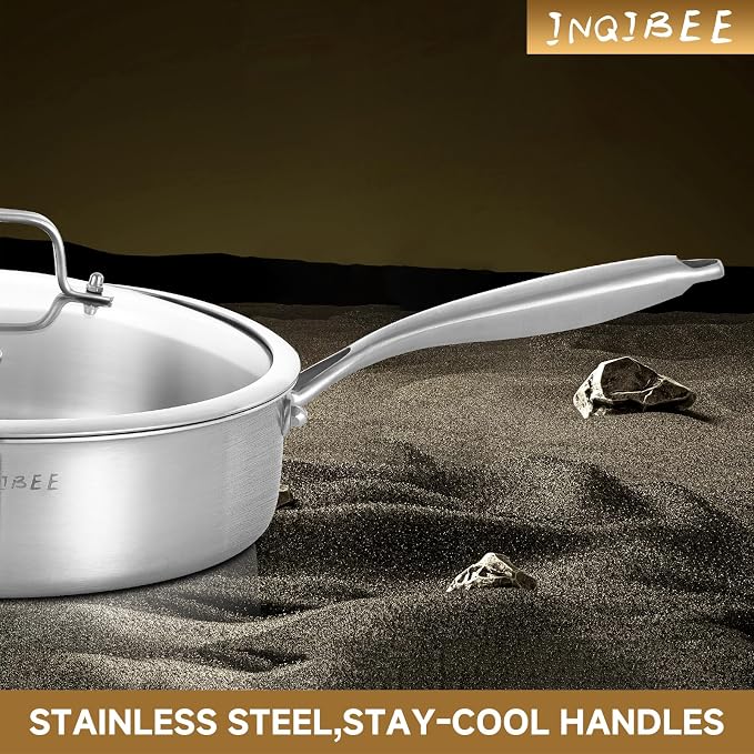 Inqibee 3 QT Tri-Ply Stainless Steel Saute Pan with Lid | Deep Frying Pan with Helper Handle | 12 Inch | Induction Compatible | Oven & Dishwasher Safe | Serves 2–3 People