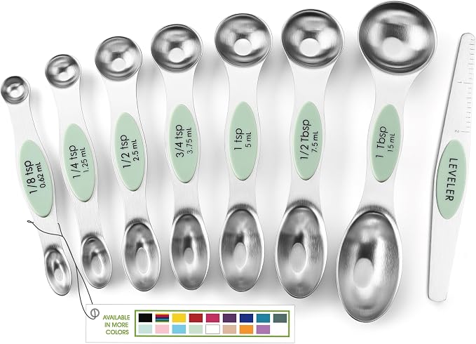 Spring Chef Stainless Steel Magnetic Measuring Spoons Set of 8, Pistachio | Nesting Metal Teaspoon & Tablespoon Measuring Spoons with Leveler for Dry & Liquid Ingredients, Dual Sided, Dishwasher Safe
