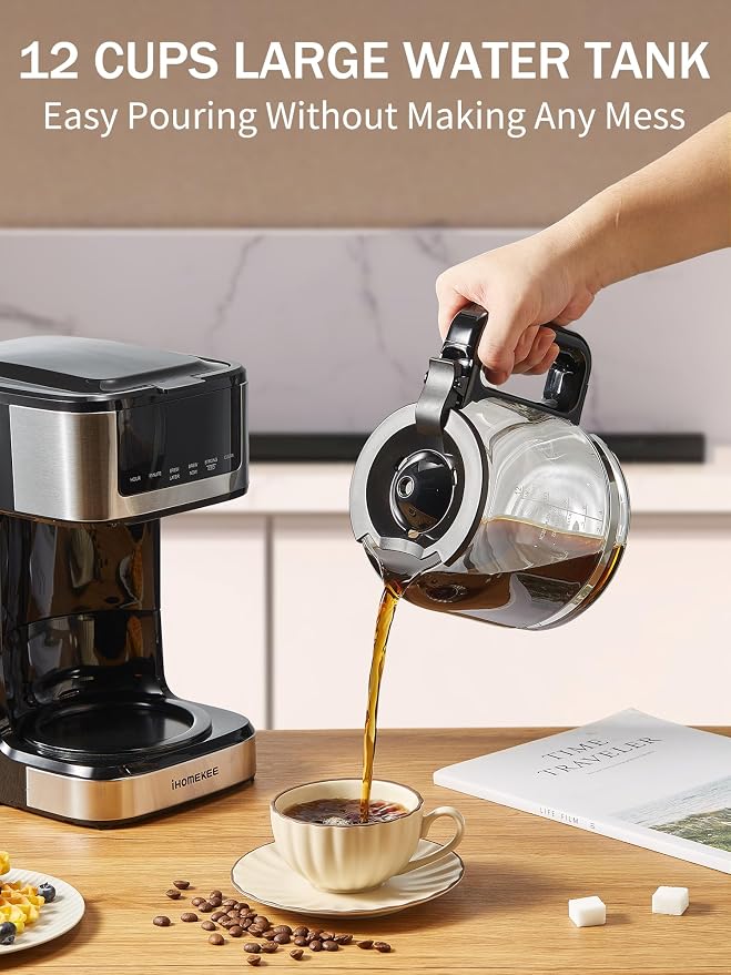 Ihomekee Coffee Maker, Programmable Drip Coffee Machine 12 Cup | Regular & Strong Brew Model, Iced Coffee Function for Home and Office, Black & Stainless Steel (Black,Silver)