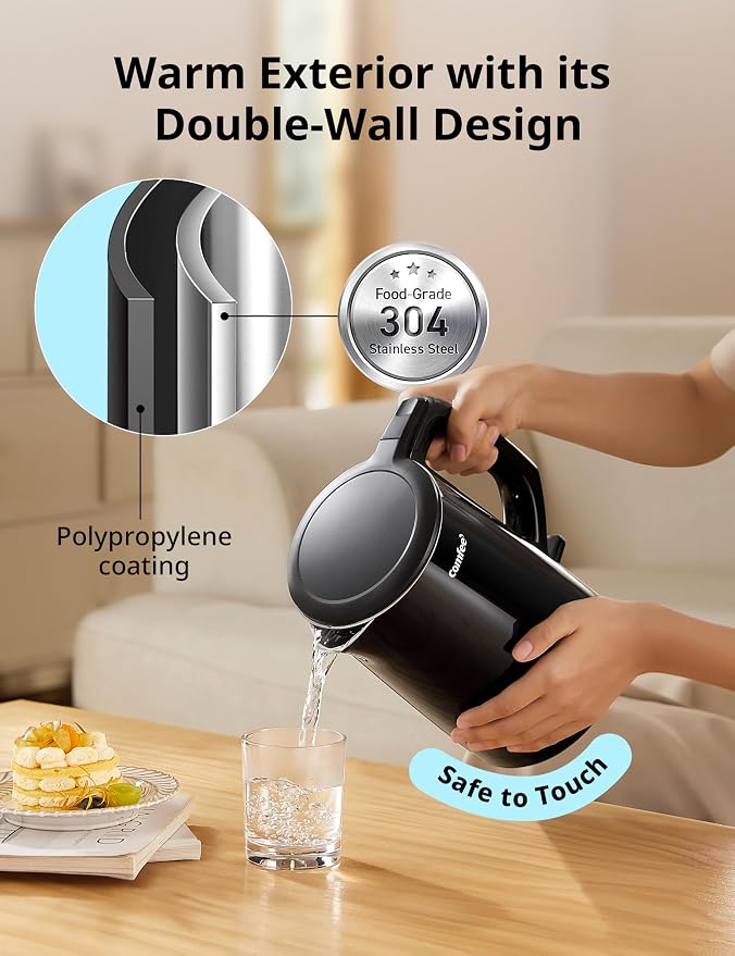 COMFEE' Stainless Steel Double Wall Electric Kettle 1.5L, Black