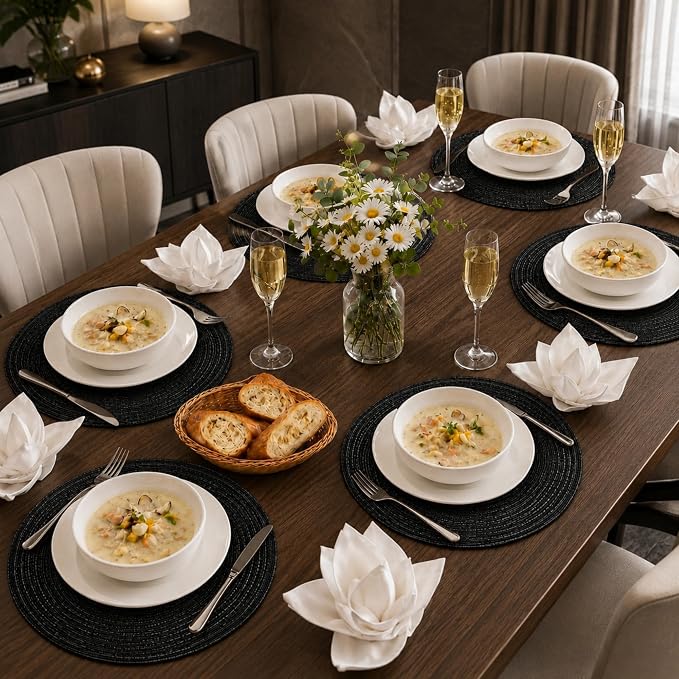 TaroKitc 15 in Round Placemats Set of 6, Washable Woven Braided Dining Table Mats, Heat Resistant Non-Slip Circle Place Mats for Kitchen Home Party Table Decor, Indoor & Outdoor - Black