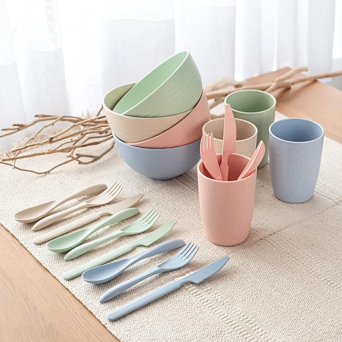 FOODLE Wheat Straw Dinnerware Set - Non-Toxic Kids Plates and Bowls Sets | BPA-Free & Safety Tested - Dishwasher & Microwave Safe - Easy to Clean - Children, Camping, College Dorm Dishes - For 4