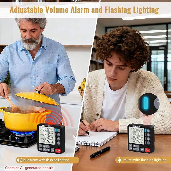 Digital Dual Kitchen Timer, Multiple Channels Countdown Timer | 4-Groups Timer with Magnetic-Back Memory-Preset Large Display Adjustable Alarm Volume, 3A Battery Included, Ideal for Cooking