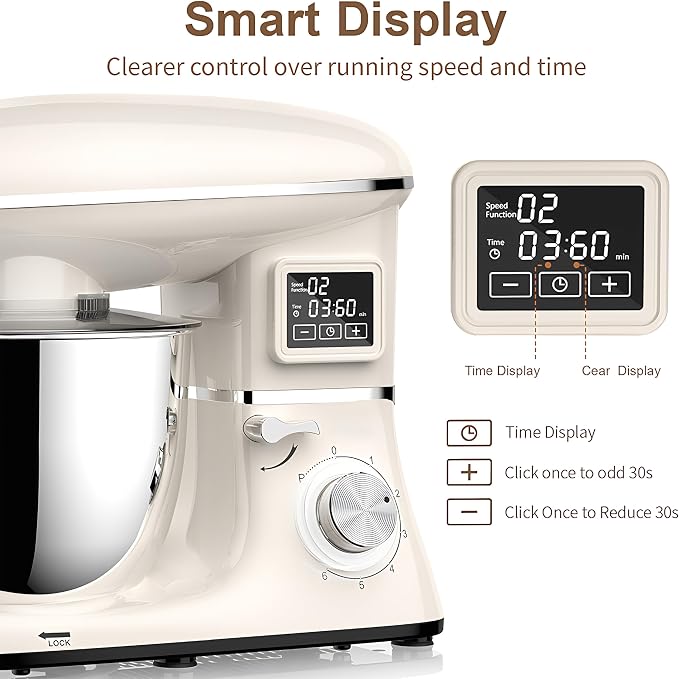 Stand Mixer with LED Display & Timer 6.5QT Stainless Steel Bowl, 1350W 6-Speeds Electric Kitchen Stand Up Mixer for Baking Cakes Cookie Bread Salad Food with Egg Whisk, Dough Hook, Beater - White