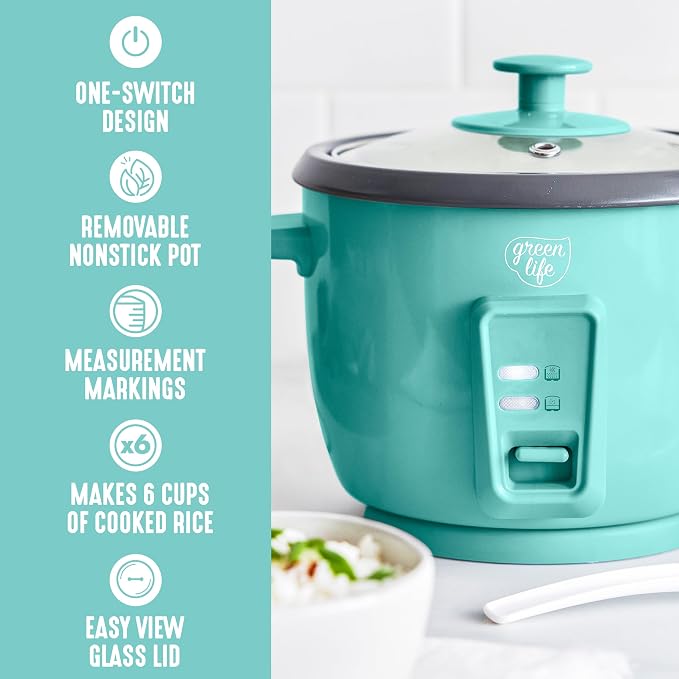 GreenLife Rice Cooker, 3-Cups Uncooked/6-Cups Cooked, Turquoise | PFAS-Free Ceramic Nonstick Removable Pot, One-Switch Design, Grains Multicooker, Keep Warm, Dishwasher Safe Parts, Easy Clean