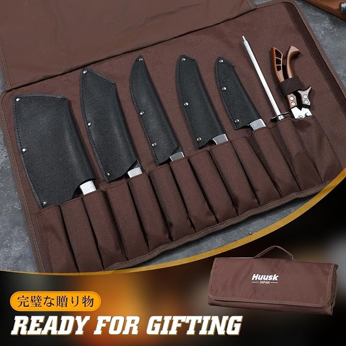 Huusk 7 PCS Butcher Knife Set for Meat Cutting with Roll Bag, Gifts for Men | Japanese Chef Knife Set with Sharpening Rod and Poultry Shears, Hand Forged Cooking Knives for BBQ Camping Kitchen