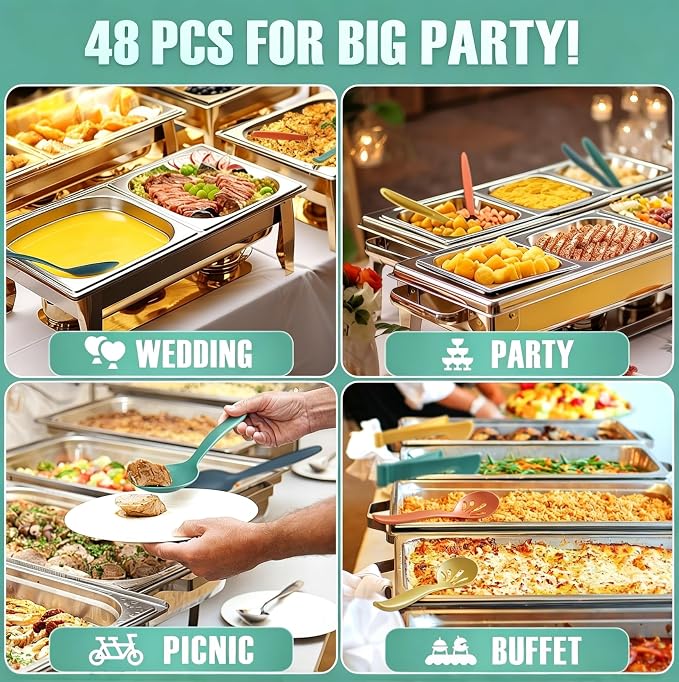 Reusable Plastic Serving Utensils Set of 48, 10" Wheat straw Large Serving set Serving Spoons/Slotted Spoons/Tongs, for Party Buffet Catering (Orange/Blue/Yellow/Green, Not for Cooking)