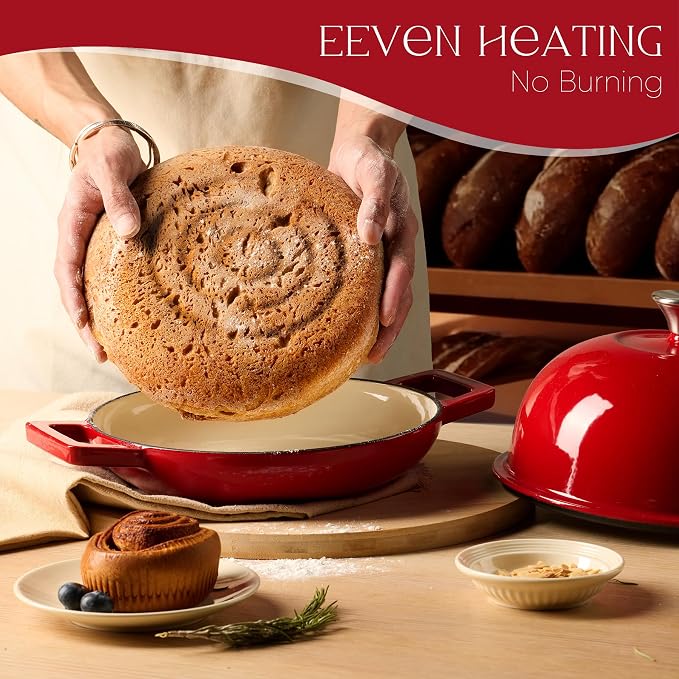 CAROTE 5QT Enameled Cast Iron Dutch Oven, Red Round Bread Oven | Homemade Sourdough Bread Baking, Healthy & Non-Toxic, Dual Handles, All Stovetop Compatible, Oven Safe up to 500° F