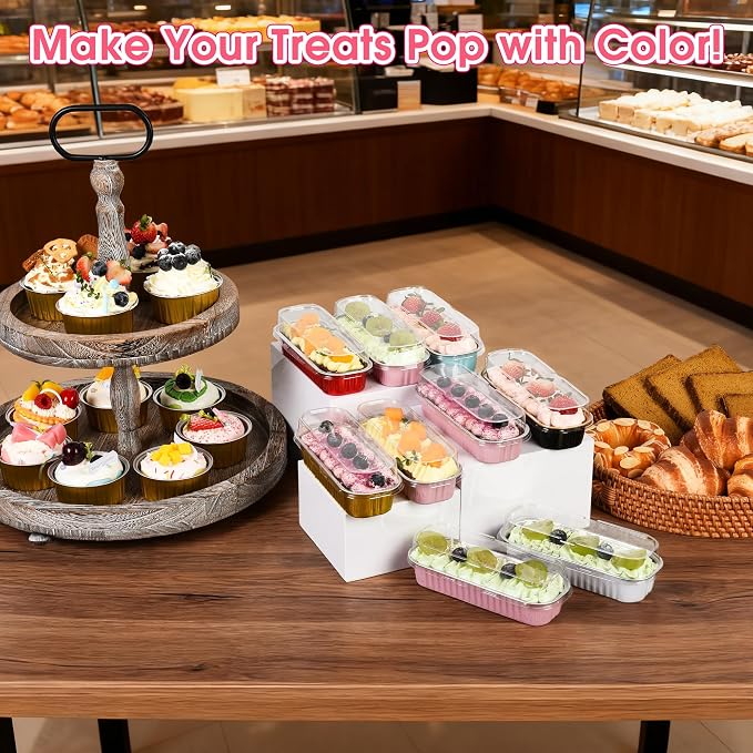 100 Pack Mini Cake Pans with Lids and Spoons, Disposable Aluminum Foil Cake Tins（6.8oz） Individual Small Cake Baking Containers for Party, Wedding, Birthday