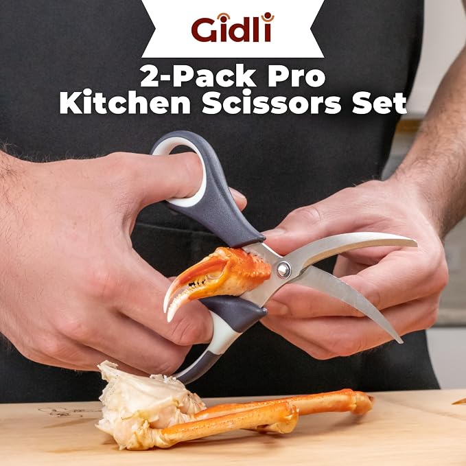 Kitchen Shears & Seafood Scissors Set - Lifetime Replace. Warranty* | Gidli Heavy Duty Utility Stainless Steel All Purpose Ultra Sharp Scissors for Meat, Poultry, Food & Cooking - Dishwasher Safe