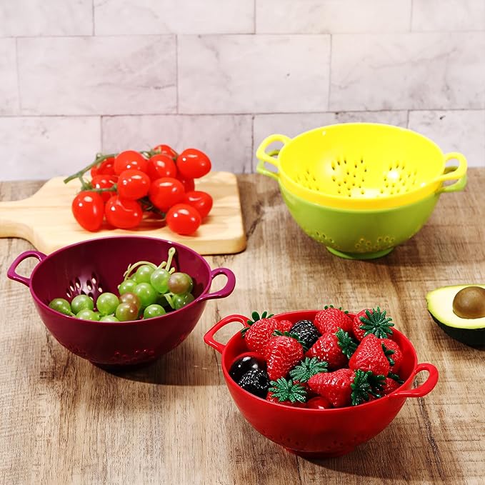 4 Pack Mini Colander for Kitchen Plastic Berry Strainer with Double Handles 7.5 x 6 x 3 Inch Small Colander Strainer for Fruits Vegetables Food (Lemon Yellow,Green,Purple,Red)