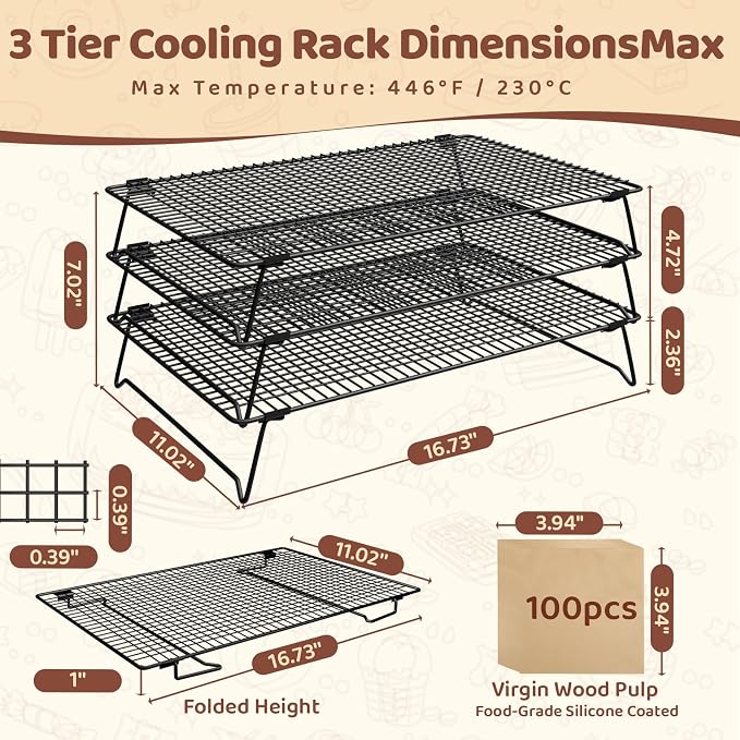3 Tier 17" x 11" Cooling Rack for Cooking and Baking w/100 Papers | Drying Baking Rack for Baking Sheet, Stackable Cookie Cooling Rack for Pizza, Bread, Cake, Veggie, Jerky