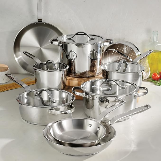 Tramontina Tempo Tri-Ply Base Stainless Steel 14-Piece Pots and Pans Set | Induction-Ready Cookware Set with Lids, Oven-Safe, Dishwasher-Safe