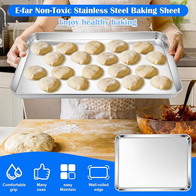 E-far Large Baking Sheet Set of 2, 20"x14" Stainless Steel Cookie Sheet | Non Toxic Metal Baking Pan Tray for Cake Cookies, Healthy & Rust Free, Mirror Finish & Dishwasher Safe