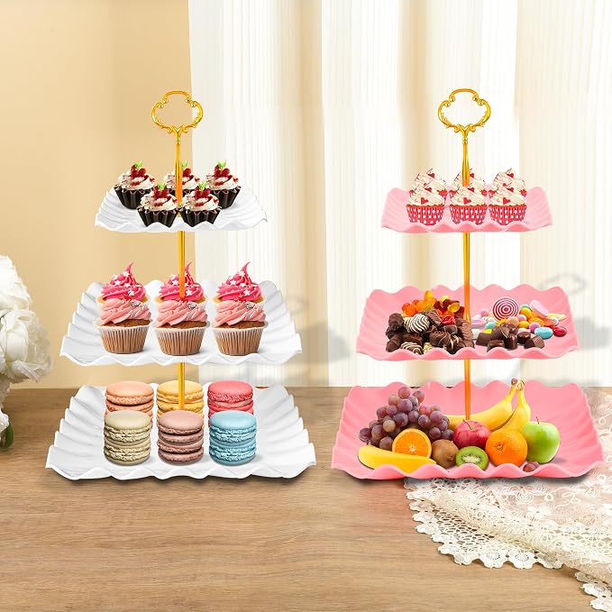 10 Pack Dessert Table Display Set, 4 Three-Tier Square Cupcake Stands and 6 Serving Trays for Cakes, Cupcakes, Pastries and Snacks, Baby Shower Decorations, Bridal Shower, Birthday, Wedding Party