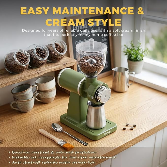 Electric Burr Coffee Grinder, 8 Grind Settings Cream Style Green | 64mm Stainless Steel Flat Burr, Low Static & Quiet, for Espresso Pour Over French Press, 3-in-1 Receiving Cup, Easy Clean