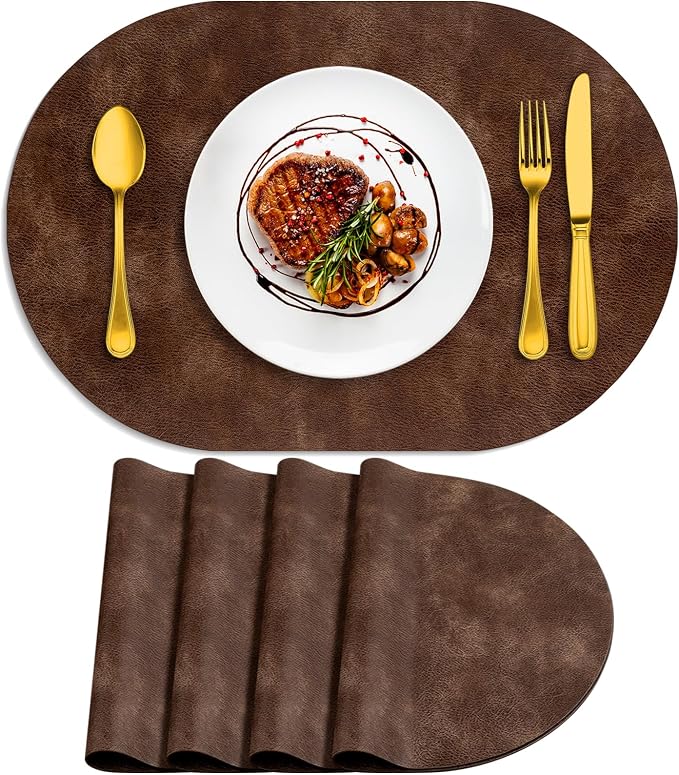 ADRIMER Placemats, Heat Resistant Oval Placemats Set of 4 Washable 12 x 17 Inch, Waterproof Table Mats, Wipeable Pu Place Mats for Kitchen, Dining Room, Brown