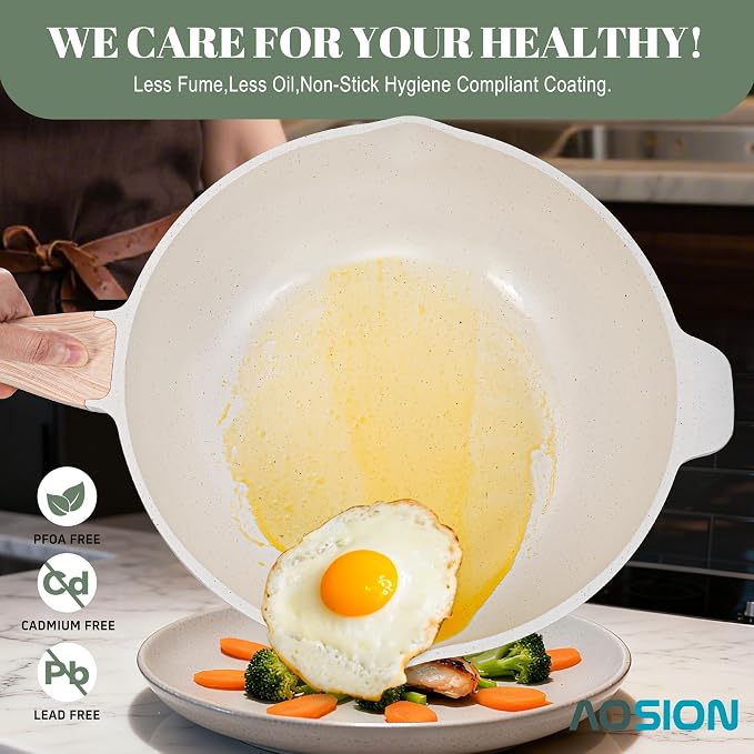 AOSION 12 Inch Nonstick Ceramic Deep Frying Pan with Lid & Steam Rack, 5.5QT Sauté Pan, Large Ceramic Skillet,Stay Cool Handle, Induction Compatible, PFOA & PFAS Free,white.