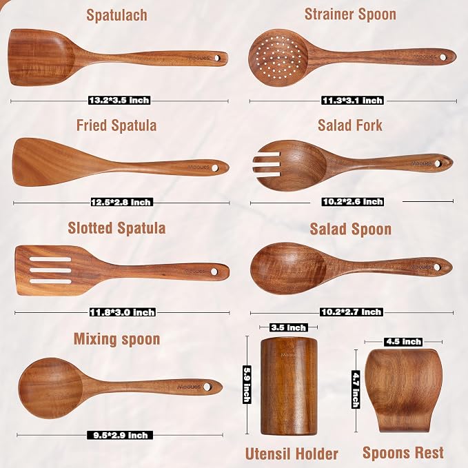 Mooues Wooden Kitchen Utensil Set, 9 Piece Natural Teak with Spoon Rest | Wooden Cooking Utensils with Comfort Grip, Smooth Durable Heat Resistant Cooking Spoons and Utensils Holder for Cooking