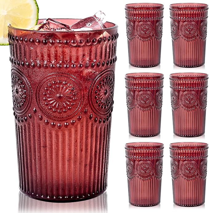 Ciaell 12 Pack Burgundy Plastic Water Glasses for Parties Dinners | 14 oz Burgundy Embossed Ribbed Vintage Drinking Cups, Heavy Duty Plastic, Beer Juice Cocktails for Outdoor Bars Showers
