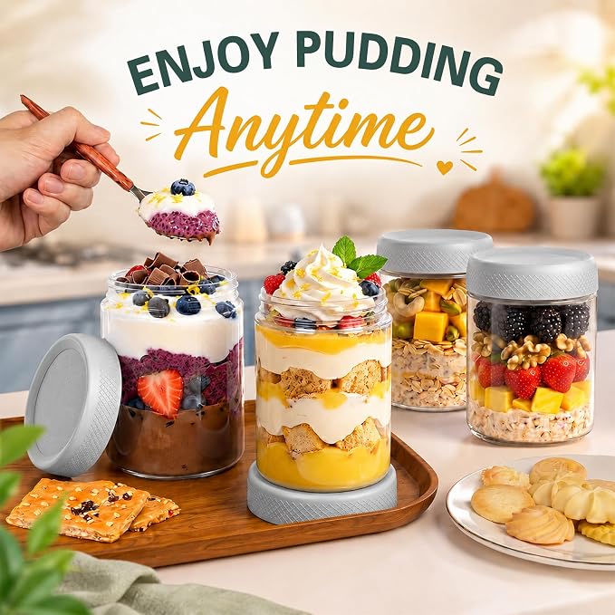 Mason Jars 16 oz with Lids, Yogurt Containers with Lids, Overnight Oats Jar | Parfait Cups with Lids for Oatmeal, Glass Jar with Lid for Storage, Food, Pudding, Sugar, Salad, Snack, Kitchen, Jam, Gray