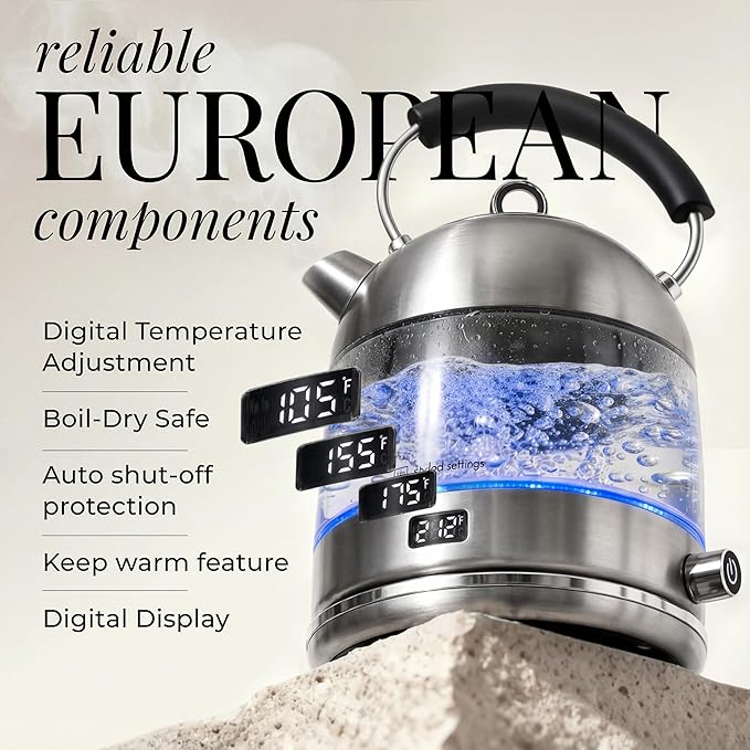 Styled Settings Glass Electric Kettle with Temperature Control, Silver | BPA and Plastic Free Electric Kettle with Keep Warm Function, Borosilicate Glass - Fast 1500W Hot Water Boiler, Auto Shut-Off