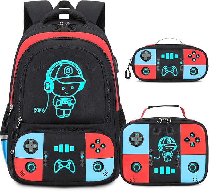 Backpack for School Boys, Cool Luminous Gamer Boys Schoolbag | with Lunch Box & Pencil Case Set for Kids Teens Elementary Middle School, Bookbag Glow In The Dark
