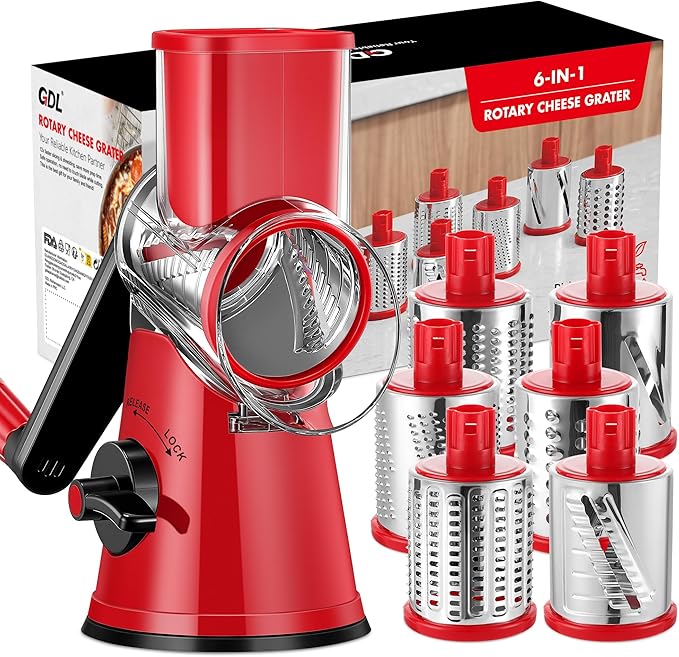 GDL Cheese Grater Hand Crank, Rotary Cheese shredder, Vegetable Slicer | 6 Stainless Steel Blades, 12x Fast Cutting, Non-slip Suction Base, No BPA, Dishwasher Safe, Easy Use for Cheese, Veggies, Nut