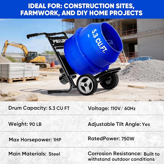 140L Electric Cement Mixer With a Bracket, 5.3 Cubic Ft. 750W 1HP Portable Concrete Mixer Machine with Stand And Wheels for Stucco, Mortar, Seeds, Blue-2026 Upgraded