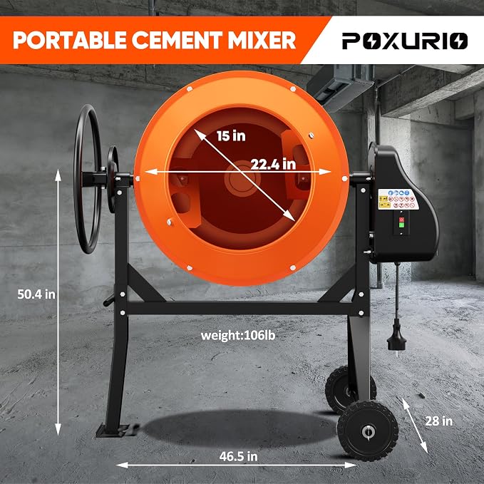 5.3 Cu.Ft. 1HP Electric Cement Mixer, 750W, 140L Portable Concrete Mixer Machine with Stand & Wheels, for Stucco, Mortar, Seeds - 2026 Upgraded (Orange)