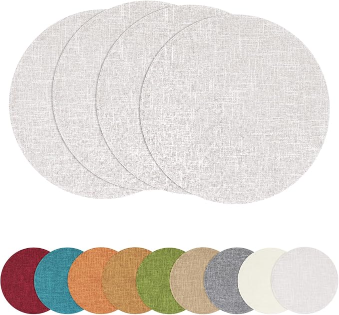 Cotton Linen 15 Inch Round Cloth Place mats, Set of 4, Beige | Washable Table Mats, Heat Resistant, Reversible, Wipeable Place Mats for Indoor Outdoor