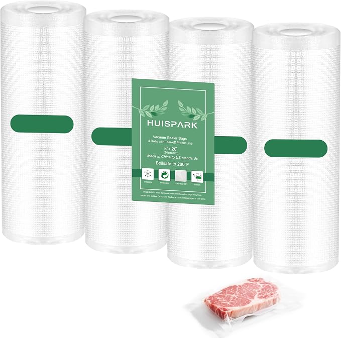 Pre-Cut Perforated Vacuum Sealer Bags Rolls,Heavy-Duty Vacuum Sealer Roll Bags 8x12 Inch 4 Rolls 80 Tear Off Bags,Easy-Tear Food Grade Storage Bags for Sous Vide, Freezer & Meat (BPA Free)