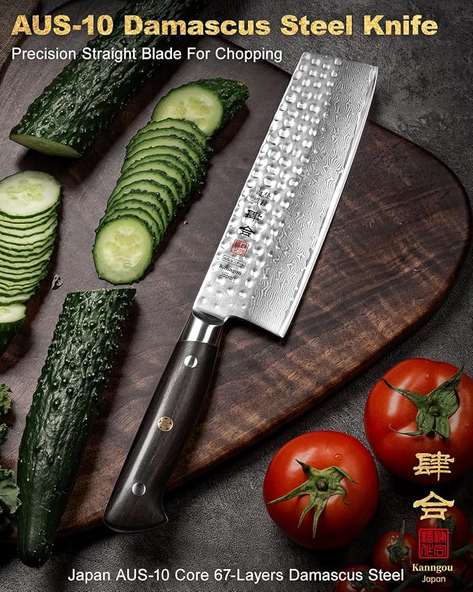 Japanese Chef Knife Kitchen Knife with 67 Layers Damascus Steel AUS-10 Core, Professional Damascus Knife with Full-Tang Ebony Wood Handle and Premium Gift Box (7 Inch Nakiri Knife)