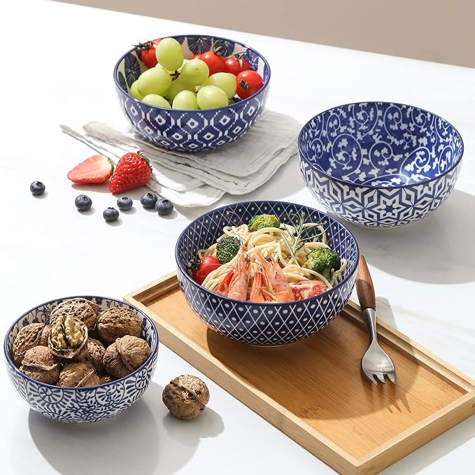 Selamica Ceramic Cereal Bowls Set of 6, 24 Oz Deep Soup Bowls for Kitchen | 5.9 Inch Dessert Bowls for Salad, Pasta, Oatmeal, Ramen, Microwave Dishwasher Safe, Vintage Blue