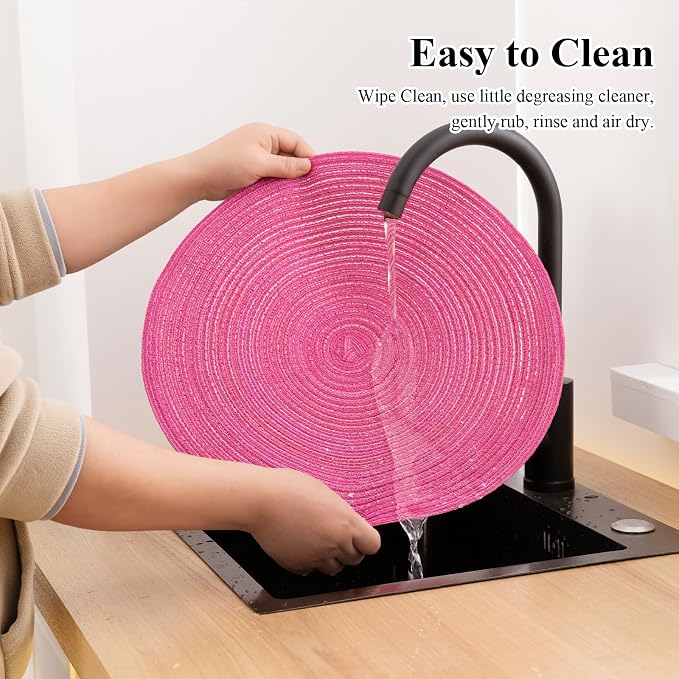 SHACOS Round Braided Placemats Set of 6 Cotton Polyester Woven Place Mats 15 inch Washable Table Mats for Kitchen Dining Tables (Hot Pink, 6)