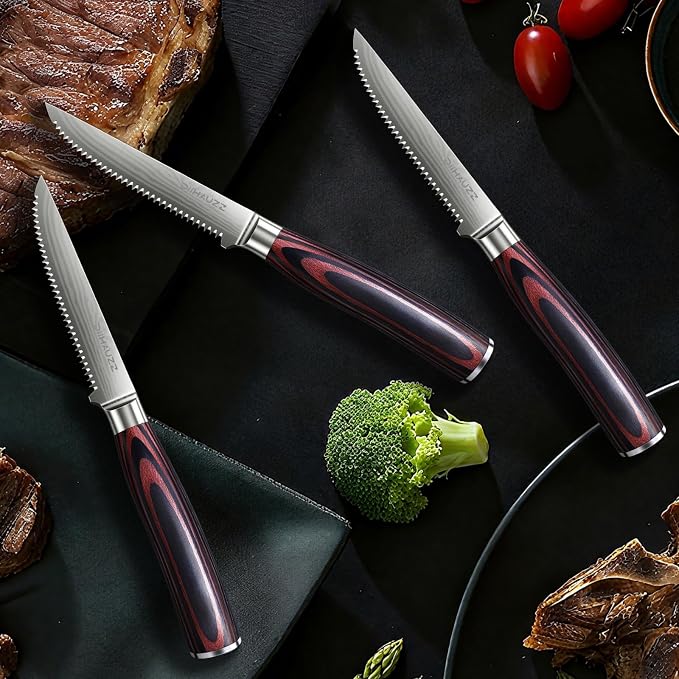 DiiHAUZZ Steak Knives Set of 6, 4.5 Inch Ultra Sharp Serrated Knife Set | Hight Carbon Stainless Steel Blade, Ergonomic Pakkawood Handle, Non-Slip, Gift Box