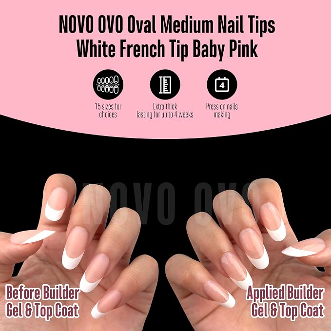 NOVO OVO White French Tip Oval Nail Tips Press on BABY PINK, Extra Thick Medium Soft Gel Fake Nail Acrylic Extension, Need Builder Gel Top Coat, No Glue Included, for Salon DIY x 15 Sizes 240 pcs