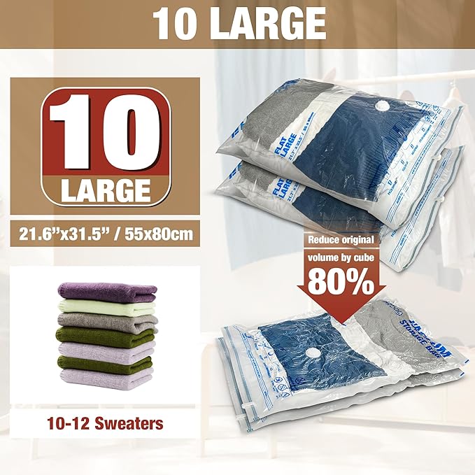 Vacuum Storage Bags, 10 Large Vacuum Seal Bags for Clothing | Extra Large XL, Airtight Triple Seal, Save 80% Space, Hand Pump, Work with Vacuum, Double Zip, Reusable, Easy to Use