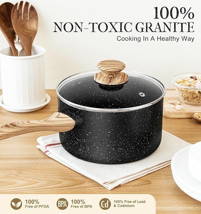 MICHELANGELO Saucepan Set, 3-Piece Nonstick Sauce Pans with Lids, 1QT, 2QT, 3QT, Black Granite Stone