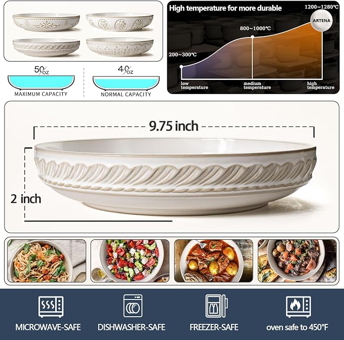 Pasta Bowls, 50oz Large Salad Serving Bowls, 9.75'' Plates Bowls Set of 4, Big White Ceramic Soup Bowls for Kitchen, Embossment Shallow Dinner Bowl, Microwave Dishwasher Safe, Willow Leaf
