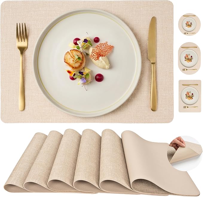 Faux Leather Placemats Set of 6, Wipeable Waterproof Stain Resistant Table Mats, Heat Resistant Thick Placemats with Hand-Painted Edges for Kitchen Dining, Imitative Linen Texture, Various Shapes
