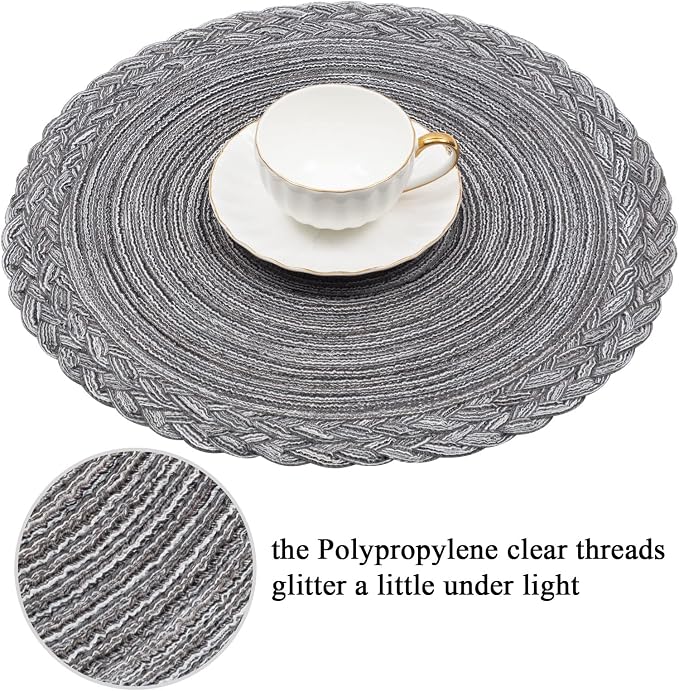 SHACOS Round Placemats Set of 6 Woven Round Table Mats 15 inch Braided Border Washable Cotton Polyester Circle Place Mats, Gray