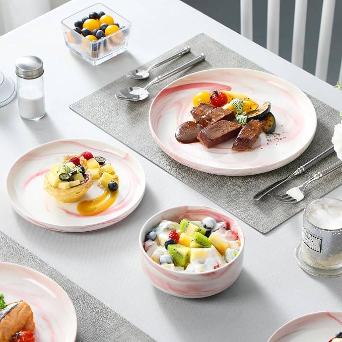 MALACASA 12 Pcs Porcelain Plates and Bowls Sets,Dinnerware Set for 4,Pink | Modern Ceramic Dishware Set,Kitchen Dining Ware,Microwave and Dishwasher Safe,Unique Marble Pink Design,Series LUNA