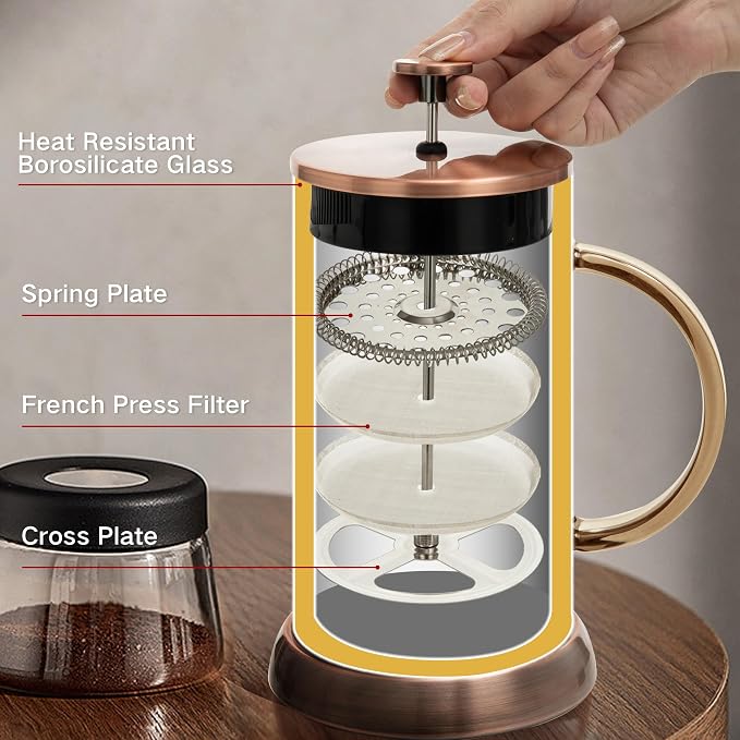 YMMIND 34 Ounce French Press Coffee Maker, 5-Cup Espresso Coffee Maker, Grey Cold Brew Heat Resistant Thickened Borosilicate Coffee Pot with 4 Stainless Steel Filter Screens