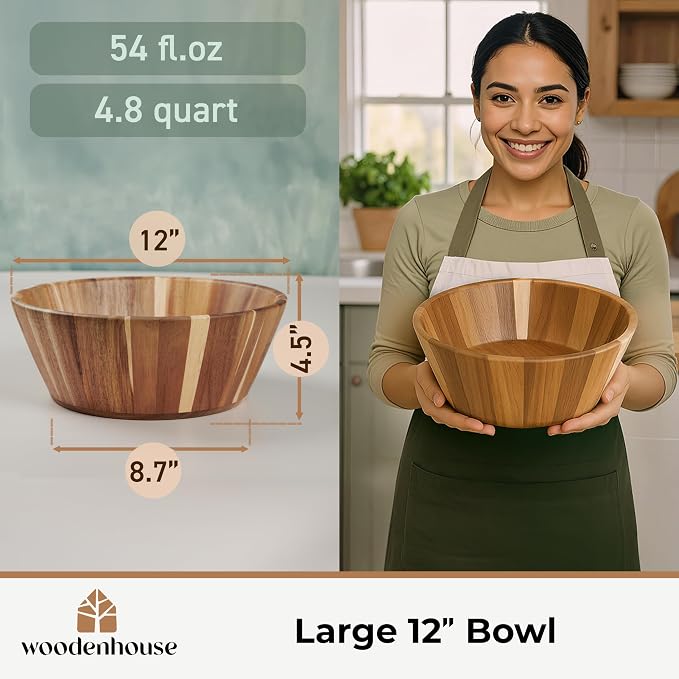 Wooden Salad Bowl, 12" Round Wood Bowl for Fruit & Serving | Handmade, Durable & Stylish Natural Dining Accessory – Elegant Design for Any Table